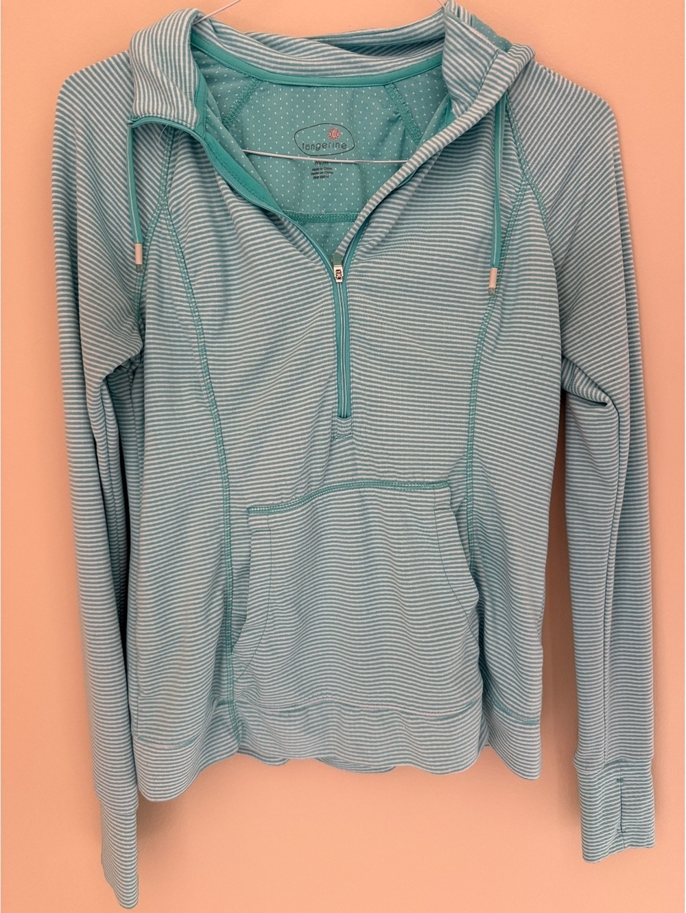 M stretchy hoodie, Tangerine, half zip, turquoise w/ stripes